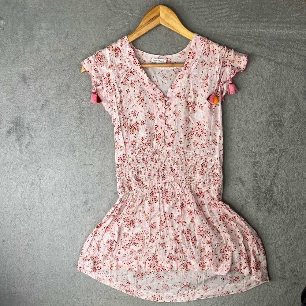 Poupette‎ St Barth XS/S White Red Pink V-Neck Flutter Sleeve Smocked Sundress